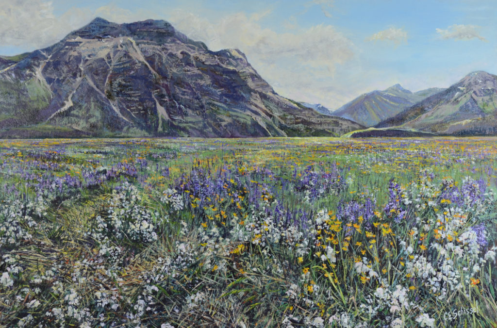 Meadow with colorful wildflowers and mountains under a partly cloudy sky painting