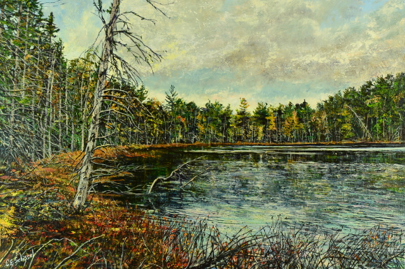 Serene painting of a lake with bare trees and autumn foliage under a cloudy sky.