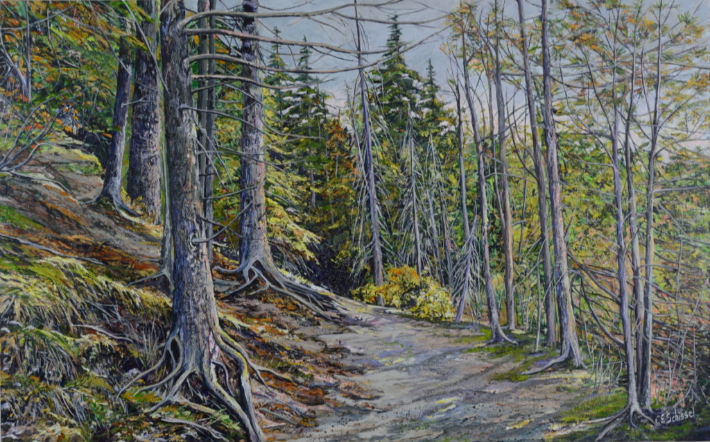 Scenic painting of a wooded path with tall trees, roots, and green-yellow foliage.