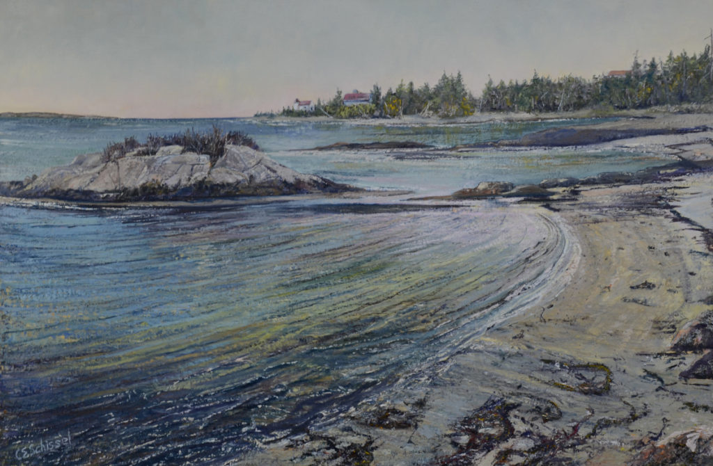 Coastal landscape painting with sandy beach, rocky shore, tree-lined coast, and clear sky.