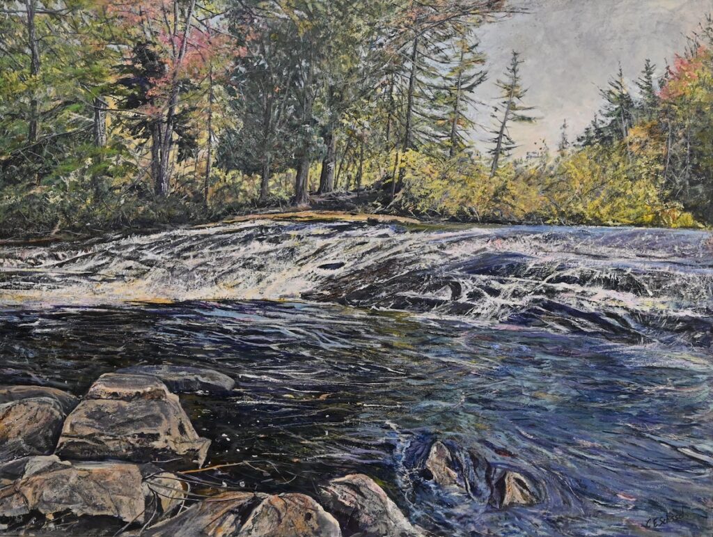 A painting of a river cascading over rocks with trees in the background under a cloudy sky.