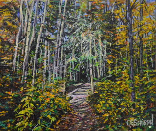 Colorful autumn forest with a path and sunlight filtering through vibrant foliage.