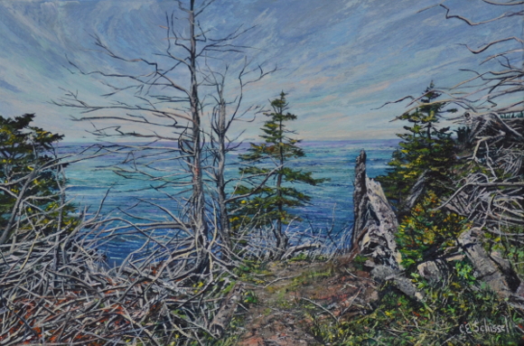 Coastal landscape painting with trees, rocky ground, and ocean under a partly cloudy sky.