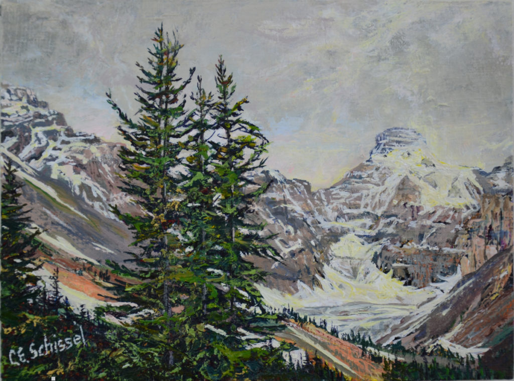 Mountain landscape painting with snow peaks and evergreen trees under a multicolored sky.
