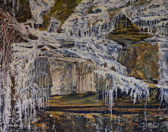 Rocky landscape with snow-like white elements, layered rocks, light and shadow depth.