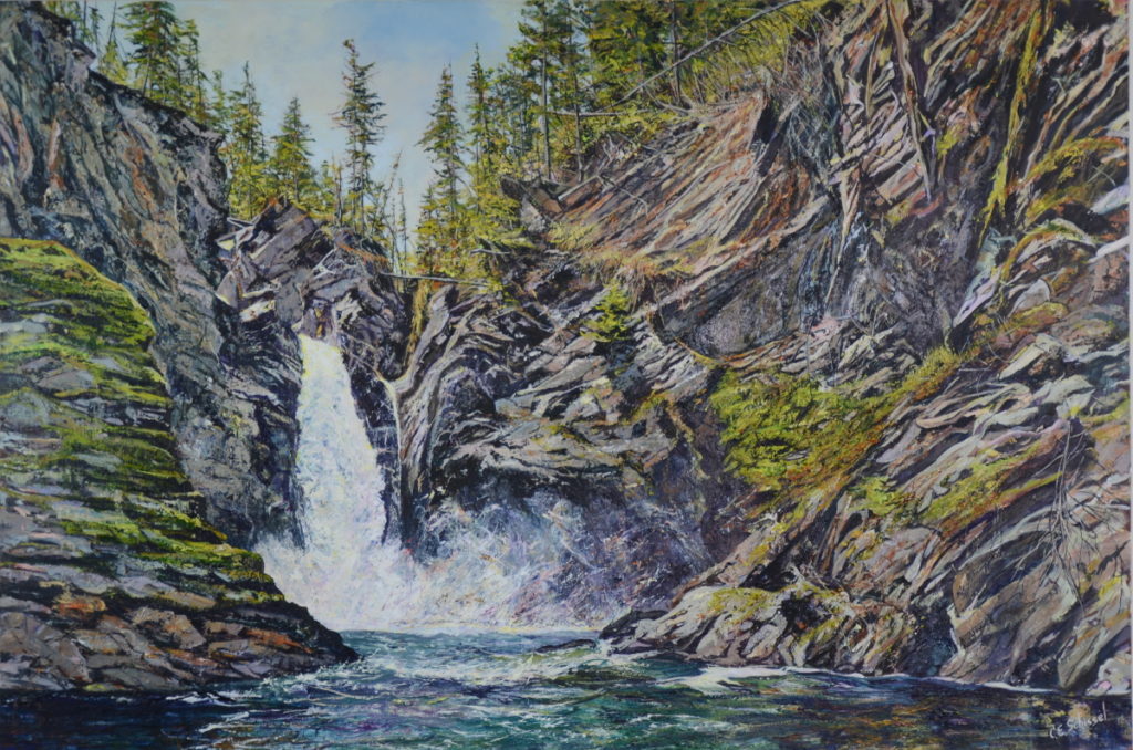 Painting of a waterfall cascading down rocky cliffs surrounded by trees and greenery.