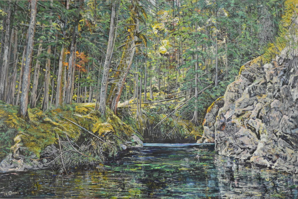 Serene forest scene with trees, rocky cliff, and calm water reflecting sunlight.