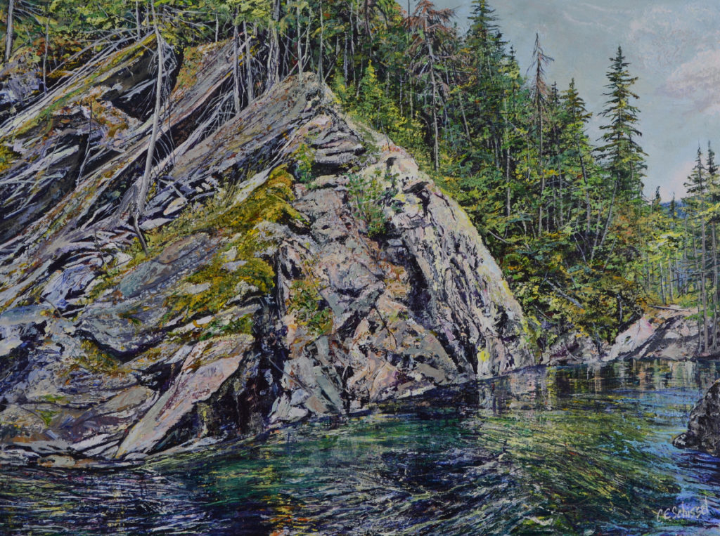 Painting of rocky cliffs with moss, trees above, and water reflecting the scene below.