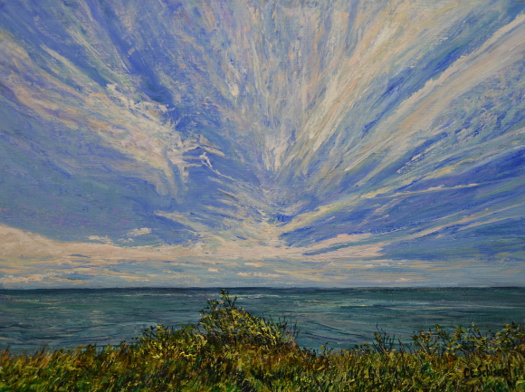 Seascape painting with dramatic clouds, calm ocean, and greenery in the foreground.