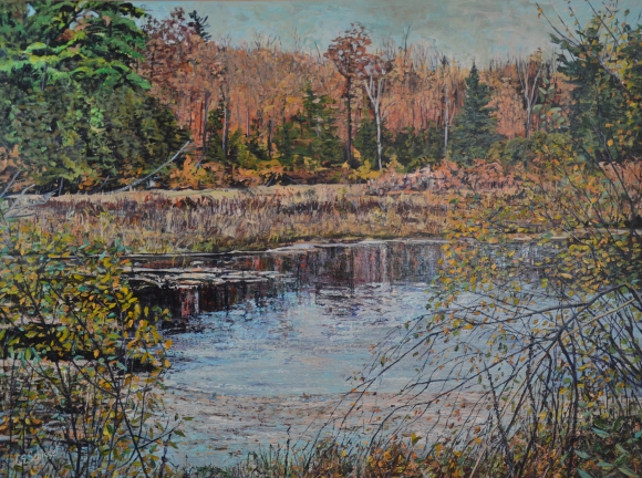 Serene landscape painting with autumn foliage and a small pond under a muted blue sky.