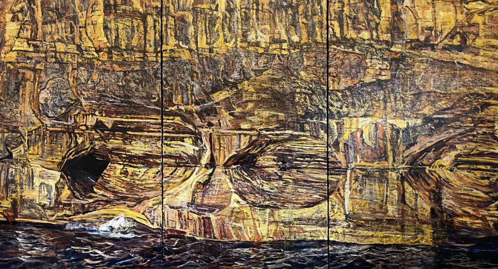 Textured abstract painting with yellow, brown, and black tones, resembling a fragmented landscape.