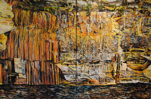 Abstract painting of a rocky cliff with earth tones and dark water at the base.