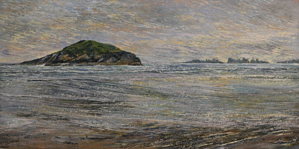 Textured painting of a seascape with islands, shoreline, and a cloudy sky.