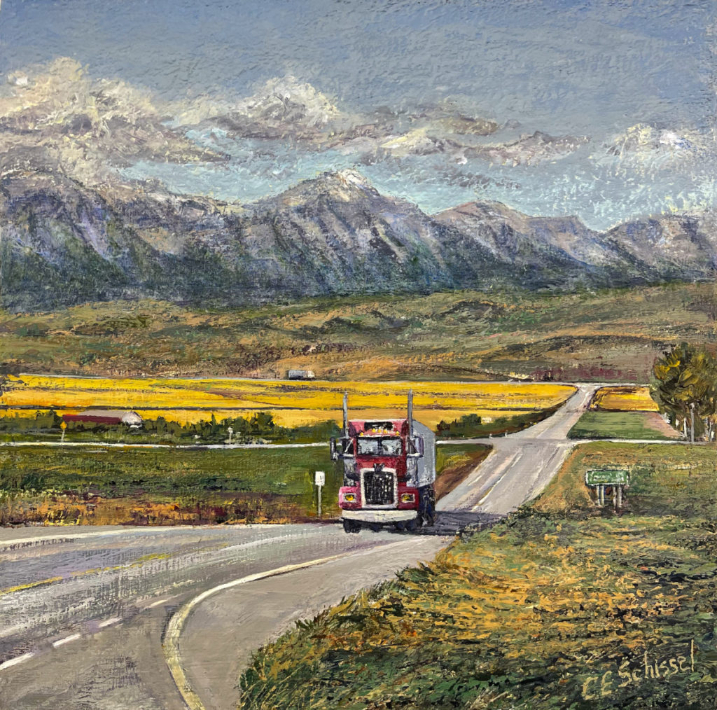 Truck on rural road with fields and mountains, clear sky, autumn colors in a painting.