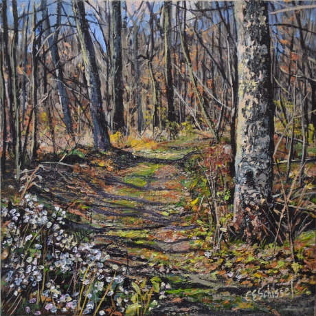 Painting of a woodland path through leafless trees, with fallen leaves and white wildflowers.