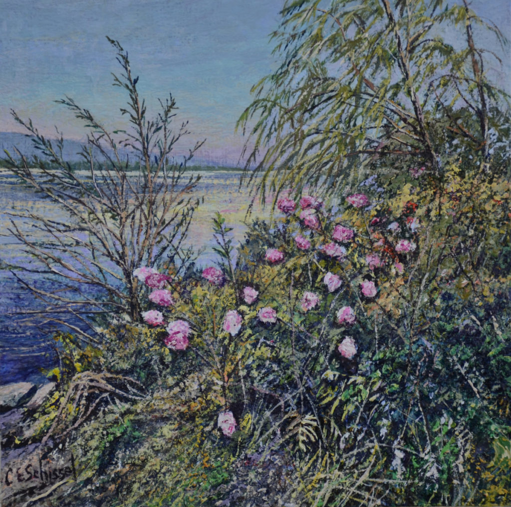 Lakeside scene with lush greenery, pink flowers, water, hills, and a pastel sky.
