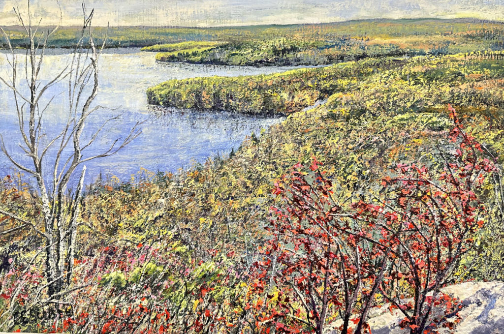 Painting of a lake and hills with bare branches, red foliage, and lush greenery.