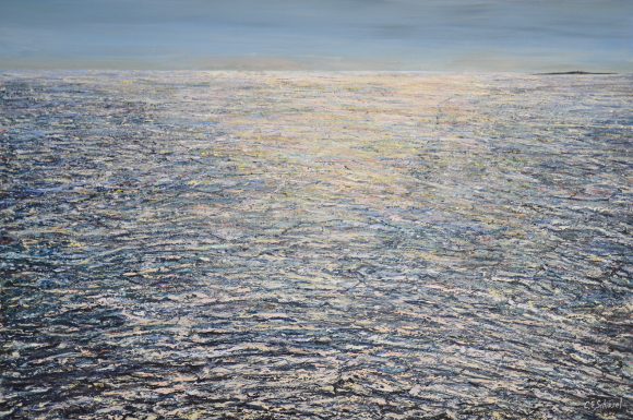 Textured painting of water with blue, grey hues under a cloudy sky, showing reflections and movement.
