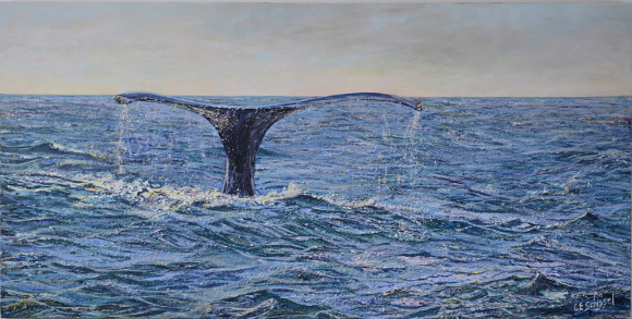 Painting of a whale's tail above ocean waves, with blue water and an overcast sky.