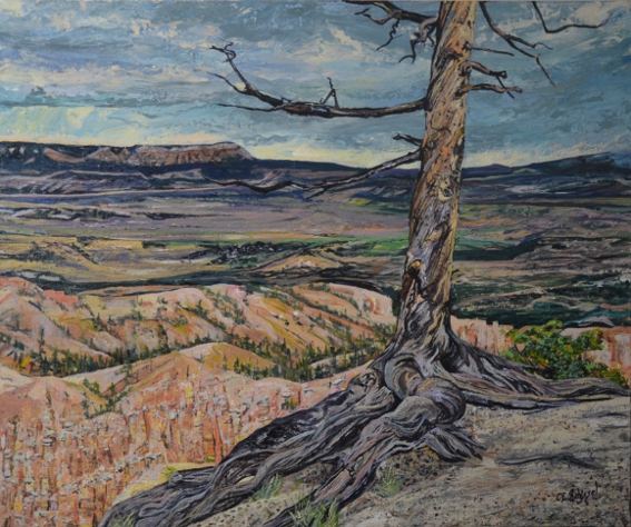Landscape painting of a tree on rocky ledge, with canyon and cloudy sky in background.