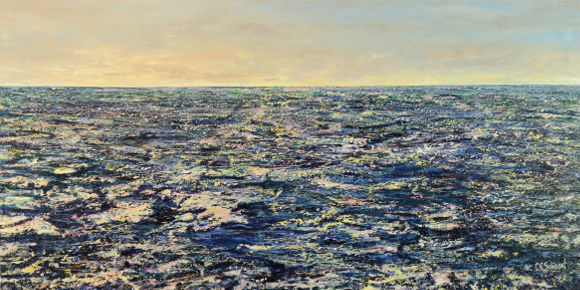 Painting of textured ocean under a softly colored sky, blending at the horizon.