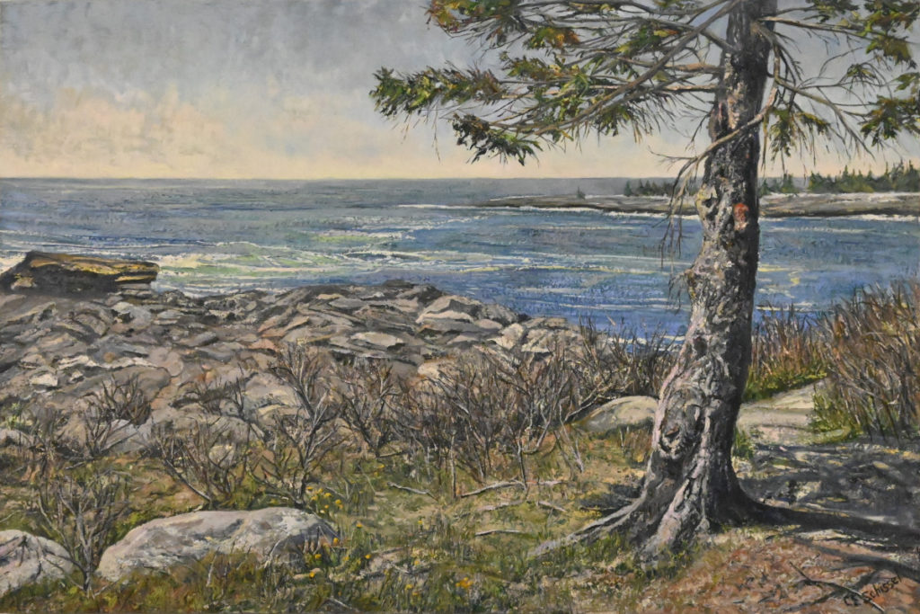 Landscape painting of a coastal scene with a tree, rocky shoreline, calm waters, and cloudy sky.