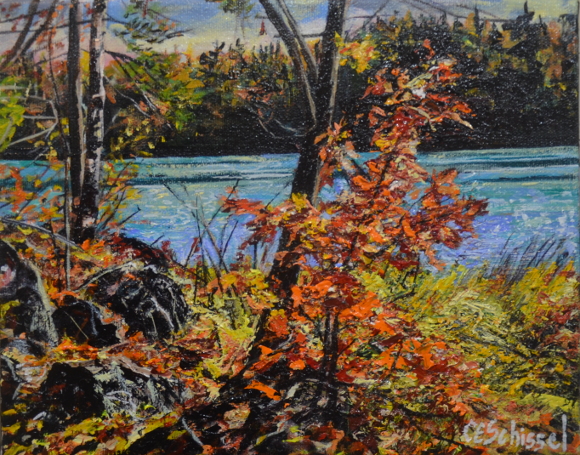 Autumn landscape painting with orange leaves, blue river, and distant trees.