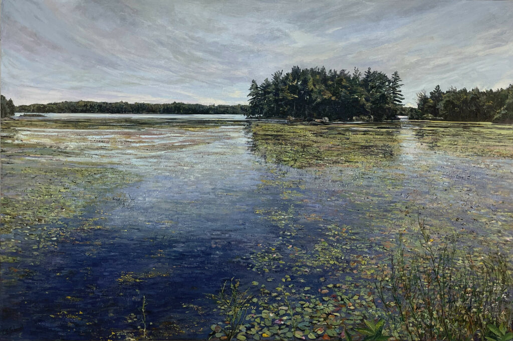 Serene landscape painting of a calm lake, trees on shoreline, cloudy sky, reflected greenery.