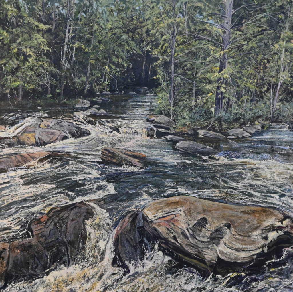 Painting of a river with rapids around rocks, trees line the lush green riverbanks.
