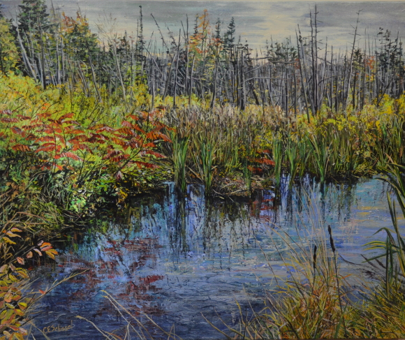 Wetland landscape painting with water, grasses, shrubs, bare trees, and a cloudy sky.