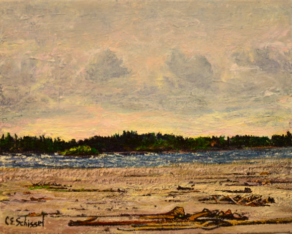 Landscape painting of a serene beach with sand, water, trees, and overcast sky.