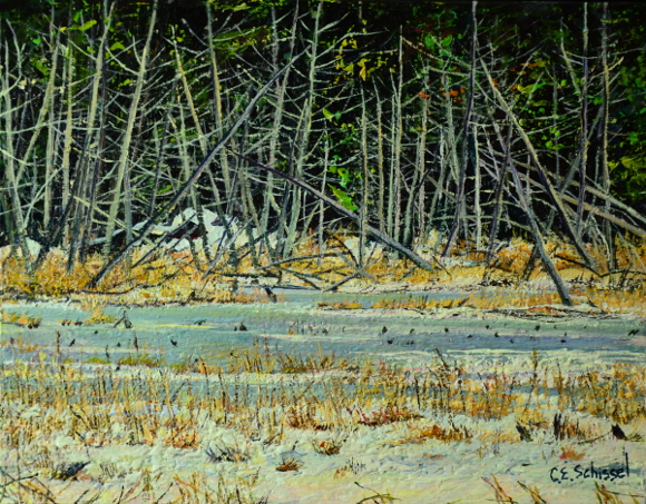 Landscape painting of bare trees and snow-covered ground with dry grass patches.
