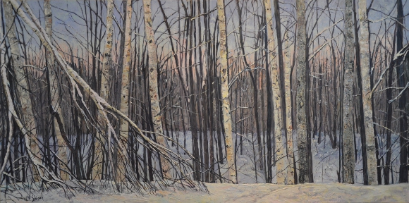 Winter forest with birch trees, bare branches, light snow, pale sky, sunrise or sunset.