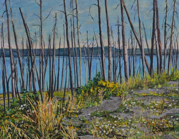 Landscape painting with slender trees by a lakeside, grassy foreground, blue-gray sky.